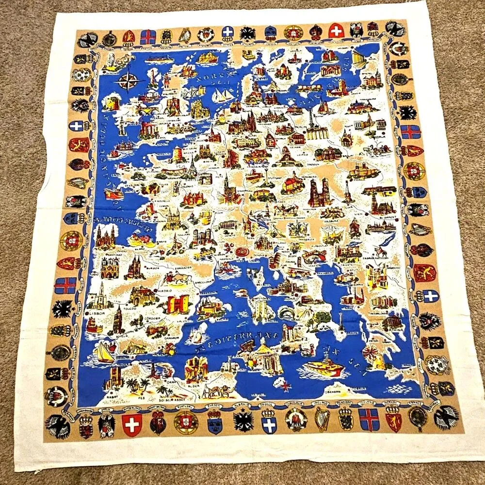 Vintage Europe Souvenir Map Tablecloth West Germany Viscose 56 x 49